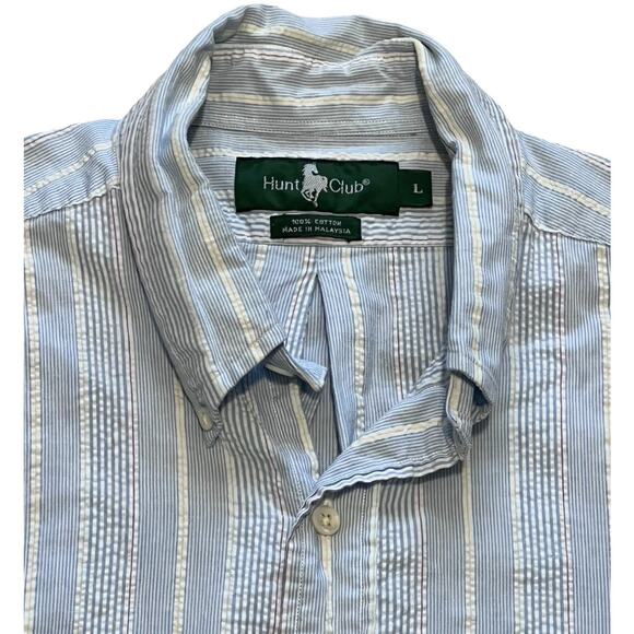 Hunt Club Men's L Blue Seersucker Vertical Stripe Button Down Shirt Short Sleeve - Picture 3 of 6